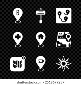 Set Location, Road traffic sign, Route location, Infographic of city map, with coffee cup, Wind rose, Medical cross and house icon. Vector