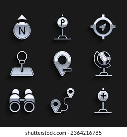 Set Location, Route location, with cross hospital, Earth globe, Binoculars, Push pin, Compass and  icon. Vector
