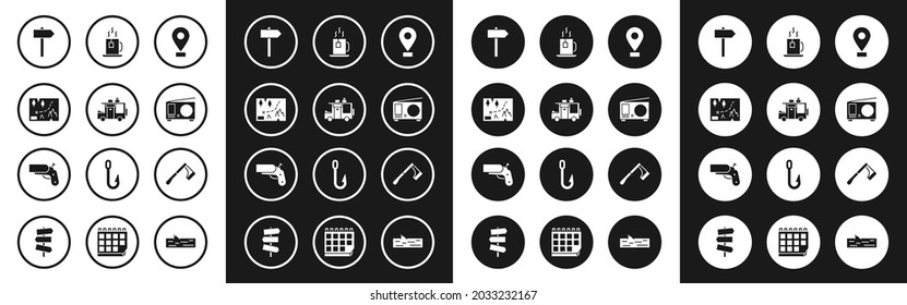 Localización del conjunto, remolque Rv Camping, Mapa doblado con localización, Señal de tráfico por carretera, Antena de radio, Bolsa de té para la copa, Cera de madera e icono de pistola de armas Flare. Vector