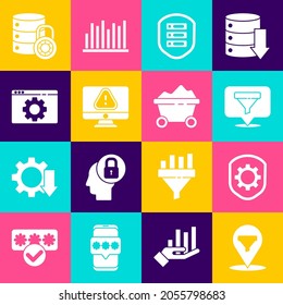 Set Location with sales funnel, Shield settings gear, Server shield, Monitor exclamation mark, Browser, security lock and Coal mine trolley icon. Vector