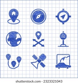 Set Location, Satellite, City map navigation, Turn back road sign, Route location, Earth globe, Compass and with house icon. Vector