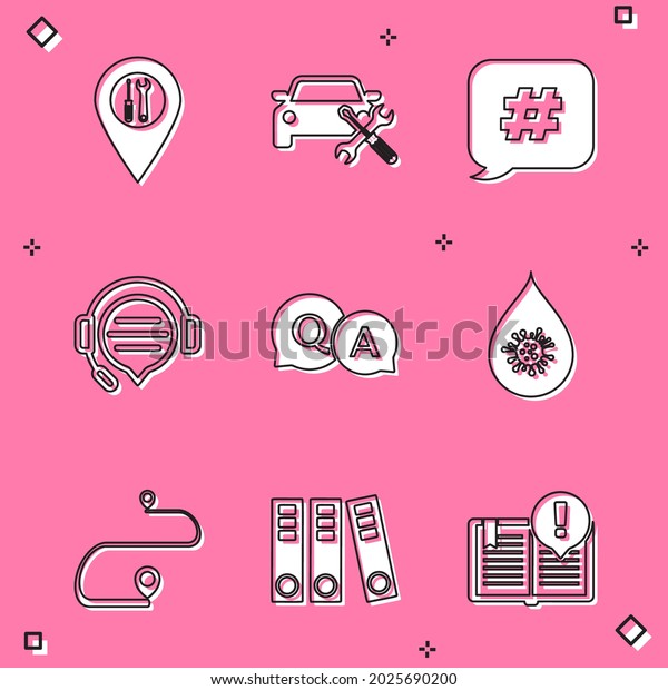 Set Location service, Car, Hashtag\
speech bubble, Headphones with chat, Question and Answer, Dirty\
water drop, Route location and Office folders icon.\
Vector
