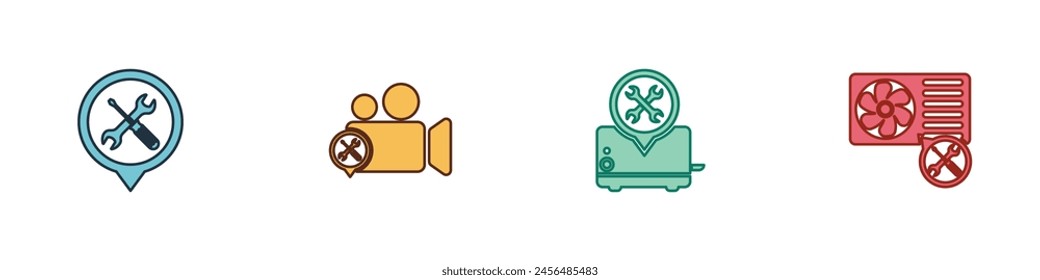 Set Location service, Video camera, Toaster and Air conditioner icon. Vector