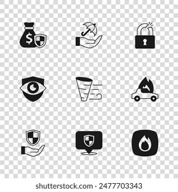 Set Location Schild, Brennendes Auto, Feuer Flamme, Tornado, Gebrochenes Schloss, Geldbeutel mit Regenschirm, Hand und Schild Auge Symbol. Vektorgrafik