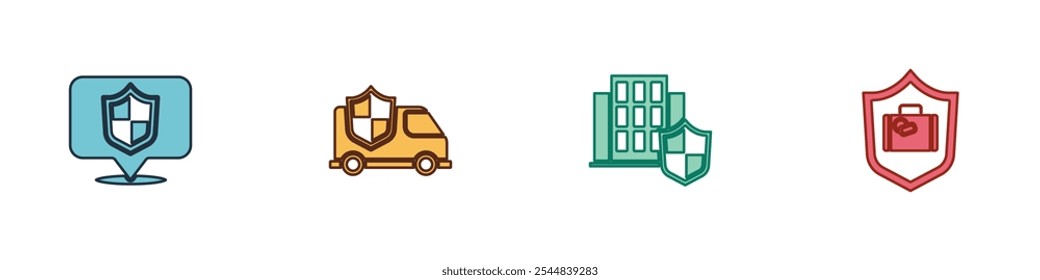 Conjunto de escudo de Locación, coche con, casa y icono de maleta de viaje. Vector