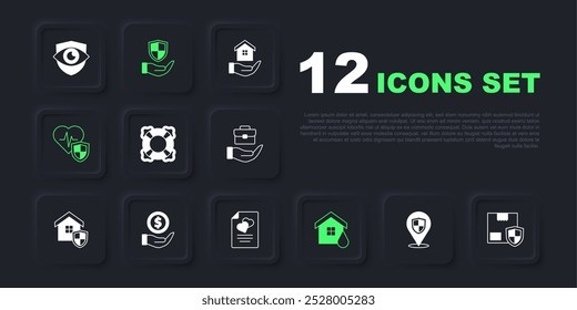 Set Location shield, Delivery security with, Lifebuoy, House flood, insurance, Money, Shield hand and Marriage contract icon. Vector