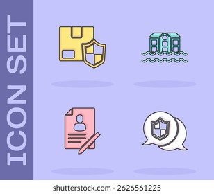 Set Location shield, Delivery security with, Document and House flood icon. Vector