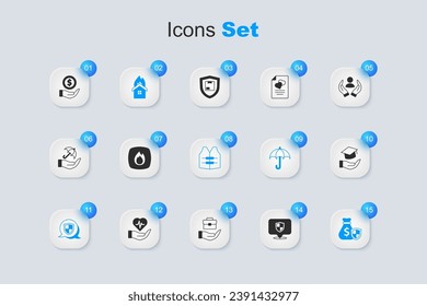 Set Location shield, Fire flame, in burning house, Shield, Money bag with, Education grant,  and Life jacket icon. Vector