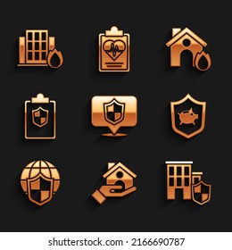Set Location shield, House insurance, with, Piggy bank, Shield world globe, Document, Fire burning house and  icon. Vector