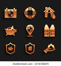 Set Location shield, House with, Hand holding fire, Life jacket, Piggy bank, flood and Calendar icon. Vector