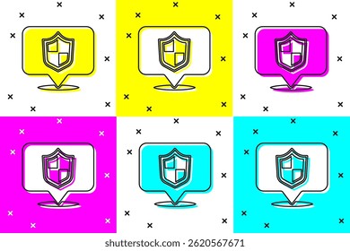 Defina o ícone de escudo Localização isolado no plano de fundo da cor. Conceito de seguro. Sinal de guarda. Segurança, proteção, conceito de privacidade.  Vetor