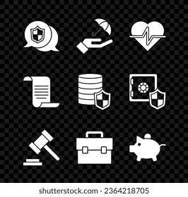 Set Location shield, Umbrella in hand, Life insurance, Judge gavel, Briefcase, Piggy bank, Document with and Money icon. Vector