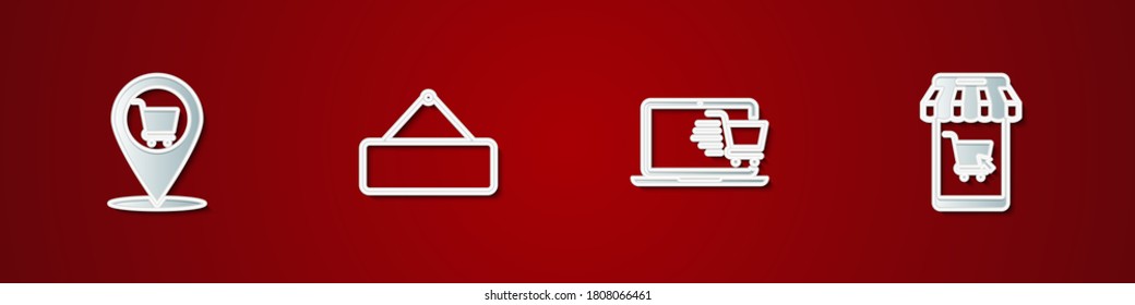 Set Location shopping cart, Signboard hanging, Shopping laptop and Mobile and icon. Vector.