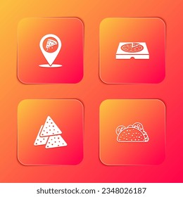 Set Location with slice pizza, Pizza in cardboard box, Nachos and Taco tortilla icon. Vector