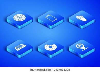 Set Location with slice pizza, Pizza, Donut, in cardboard box, Aluminum can and Ice cream icon. Vector