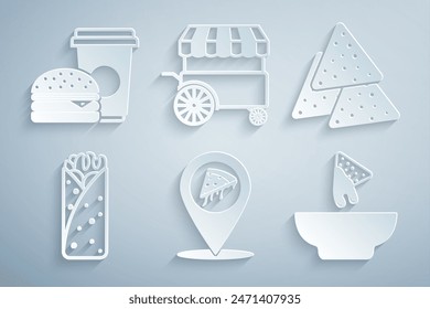 Set Location with slice pizza, Nachos, Burrito, in plate, Fast street food cart and Coffee and burger icon. Vector