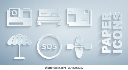 Set Location with SOS, Passport visa stamp, Sun protective umbrella for beach, Kayak canoe, Big bed and Action extreme camera icon. Vector