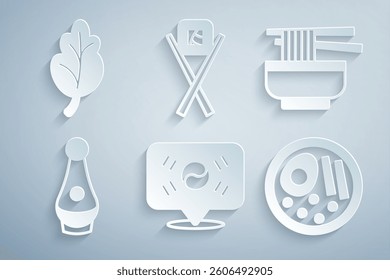 Set Location South Korea, Ramen, Soju bottle, Sushi with chopsticks and Kimchi icon. Vector
