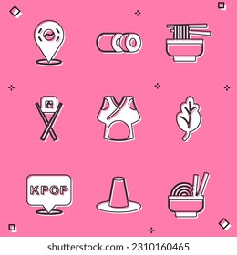 Set Location South Korea, Sushi, Ramen, with chopsticks, Kimono, Kimchi, K-pop and Korean hat icon. Vector