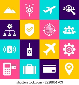 Establecer ubicación con estrella, desarrollo de producto, base de equipo del proyecto, marca de verificación Plano, Escudo e icono de gestión de plomo. Vector