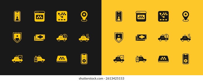 Set Location with star, Taxi car, Taximeter device, roof, Stacks paper money cash, call telephone service, driver license and mobile app icon. Vector
