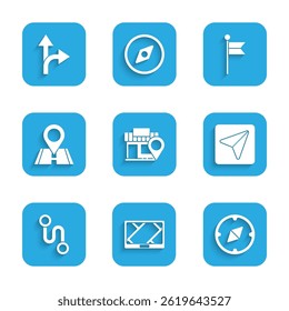Set Location with store, Gps device map, Compass, Infographic of city navigation, Route location, marker and Road traffic sign icon. Vector