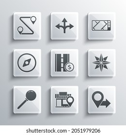 Set Location with store, Wind rose, Toll road traffic sign, Push pin, Compass, Route location and Gps device map icon. Vector