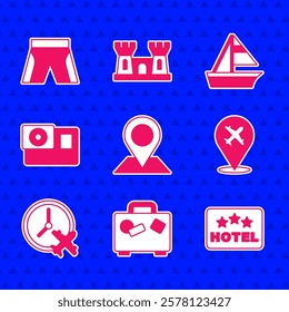 Set Location, Suitcase, Signboard with text Hotel, Plane, Clock airplane, Action camera, Yacht sailboat and Short or pants icon. Vector