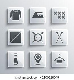 Set Location tailor shop, Hanger wardrobe, Knitting needles, Sewing button and knitting, Zipper, Pattern, Sweater and Adjustable embroidery hoop icon. Vector