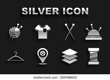 Set Location tailor shop, Needle bed and needles, Sewing thread, Layers clothing textile, Hanger wardrobe, Knitting, Yarn ball with knitting and T-shirt icon. Vector