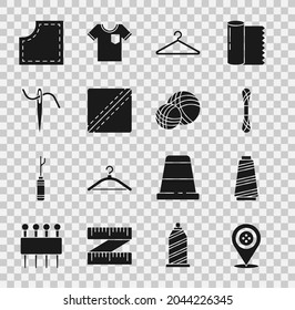 Set Location tailor shop, Sewing thread, Yarn, Hanger wardrobe, Pattern, Needle for sewing with,  and ball icon. Vector