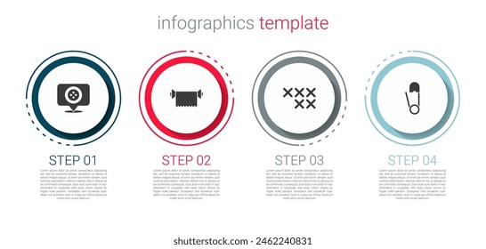 Set Location tailor shop, Textile fabric roll, Adjustable embroidery hoop and Safety pin. Business infographic template. Vector