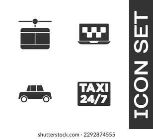 Mit Taxi, Kabel-Auto, Auto und Laptop Anruf Service Icon. Vektorgrafik