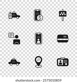 Set Location taxi car, Credit card, Taxi driver license, Road sign for stand, Mobile banking and  icon. Vector