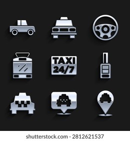 Set Location with taxi, Car key remote, Taxi car, Tram and railway, Steering wheel and  icon. Vector