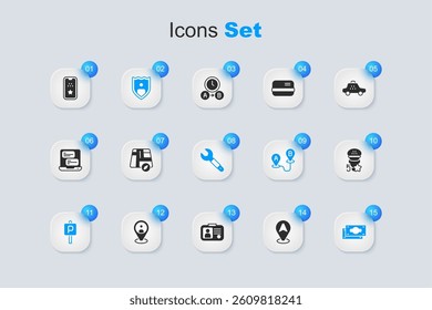 Set Location taxi car, Life insurance with shield, Parking, Stacks paper money cash, Taxi service rating, mobile app and Wrench spanner icon. Vector