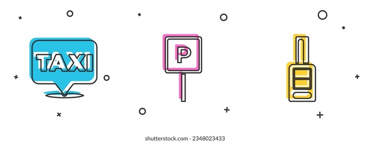Set Location with taxi, Parking and Car key remote icon. Vector