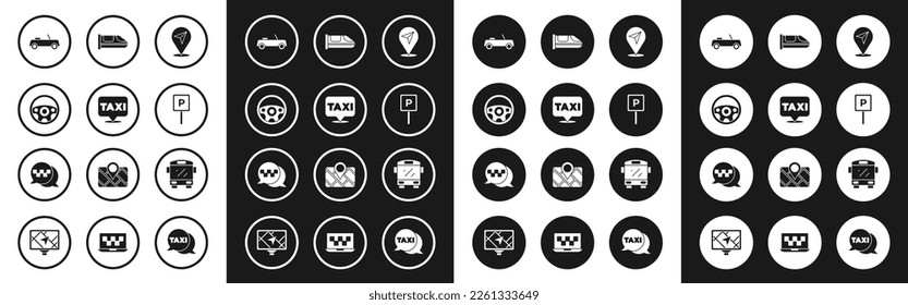 Set Location, with taxi, Steering wheel, Car, Parking, High-speed train, Bus and Taxi call telephone service icon. Vector