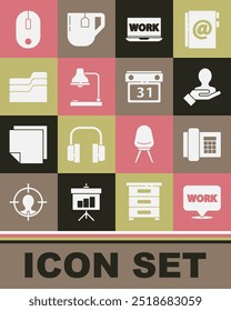Set Location with text work, Telephone, Hand for search people, Laptop, Table lamp, Document folder, Computer mouse and Calendar icon. Vector