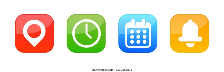 Conjunto de Locación, hora, calendario y Vector de icono de notificación