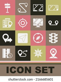 Set Location, Traffic light, Route location, Gps device with map, Target sport, house, Road traffic sign and Monitor marker icon. Vector