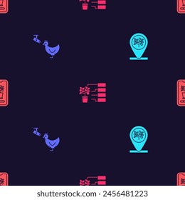 Set Locación y árbol, cámara de granja de pollo, análisis de flores y sistema de agricultura de control inteligente en un patrón sin fisuras. Vector
