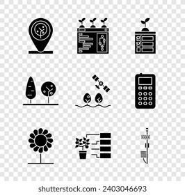 Establecer ubicación y árbol, tecnología de cultivo inteligente, Flor, análisis, sensor autónomo, árboles y con icono drone. Vector
