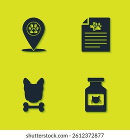 Set Location veterinary, Cat medicine bottle, Dog and bone and Medical certificate for dog or icon. Vector