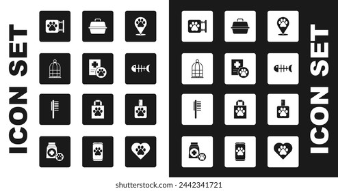 Set Location veterinary, Clinical record pet, Cage for birds, Veterinary clinic, Fish skeleton, Pet carry case, shampoo and Pets vial medical icon. Vector