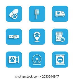 Set Location veterinary, Hamster wheel, Canned food, Dog medicine bottle, Veterinary clinic, Collar with name tag, ambulance and pill icon. Vector