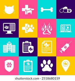 Set Location veterinary, Syringe with pet vaccine, Clinical record laptop, Dog bone, Veterinary clinic and monitor icon. Vector