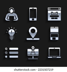 Set Location, Video chat conference, Laptop, Task list, Light bulb with concept of idea, Browser window and Student icon. Vector