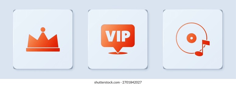 Defina o local Vip, Crown e disco de vinil. Botão quadrado branco. Vetor