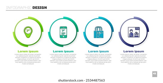 Set Locación con arma, tienda en App móvil, compra pistola y publicidad. Plantilla de infografía de negocios. Vector